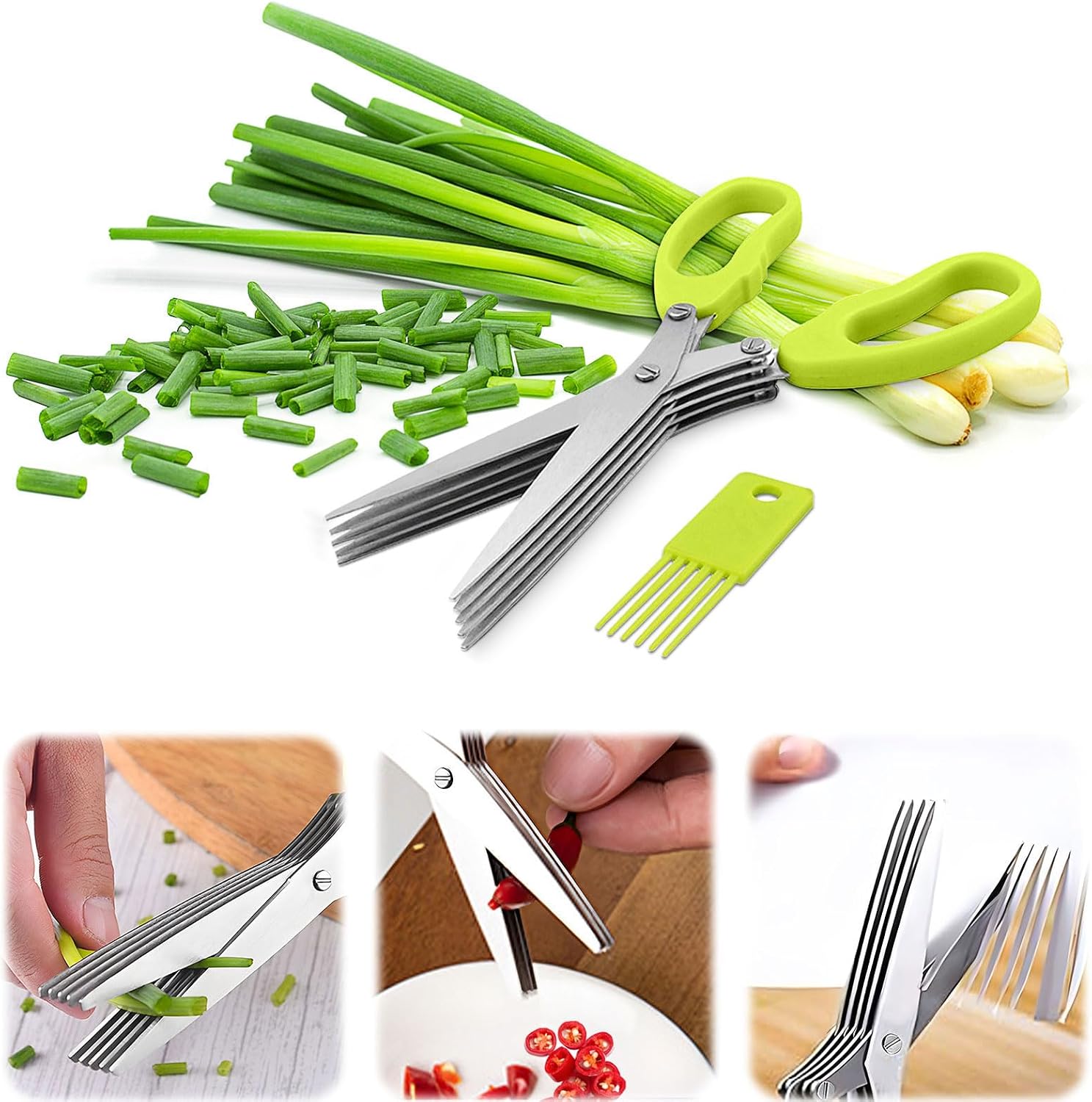 stainless steel herb scissors with 5 blades,multi blade herb cutting shears for kitchen salad, Scallion, Green onion