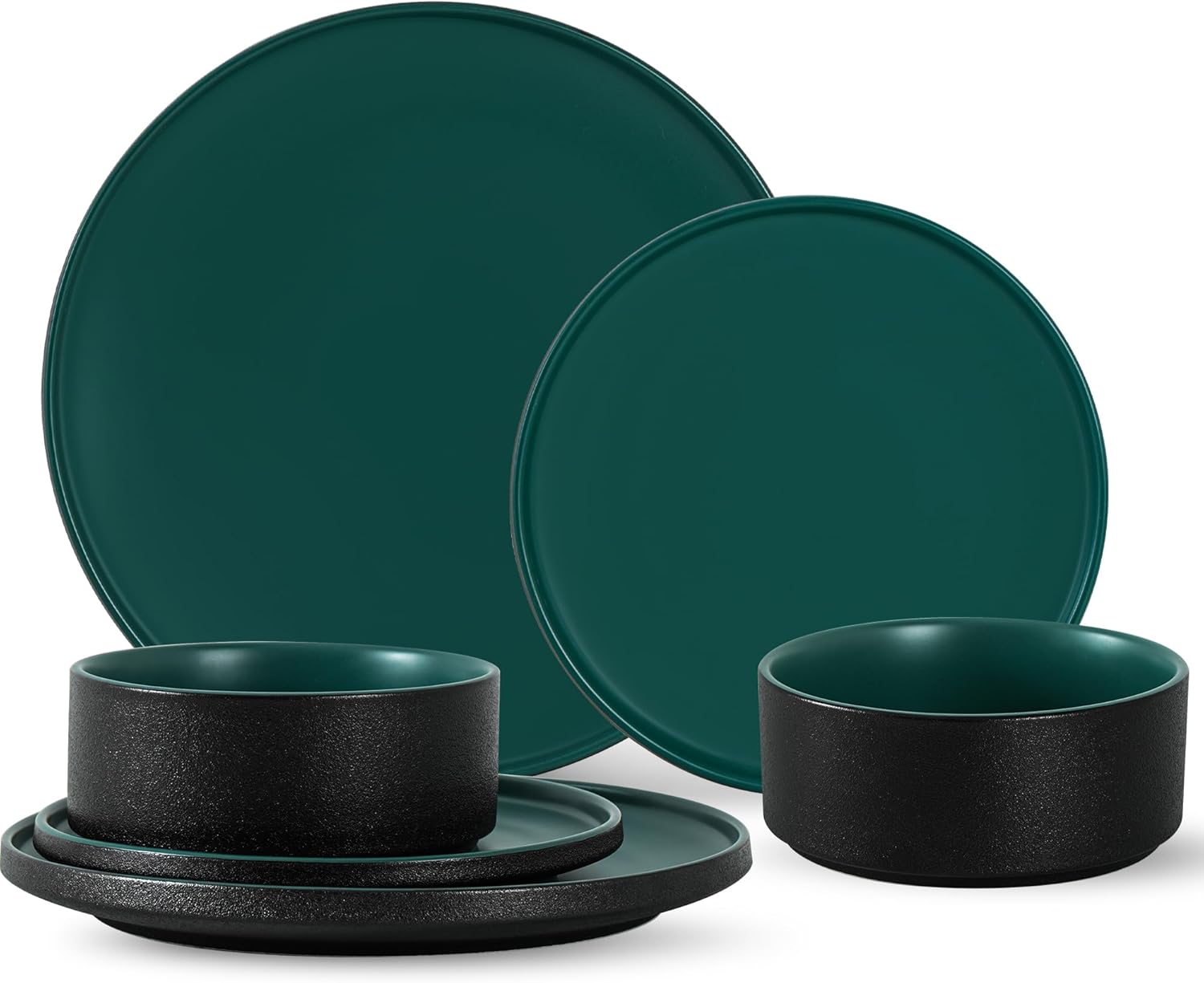 6 Piece Dinnerware Set, Modern Minimalist Stoneware Plates and Bowls Sets, Modern Dinner Plate, Salad Plate, Cereal Bowl, Dish Set for 2, Microwave and Dishwasher Safe, Matte Green