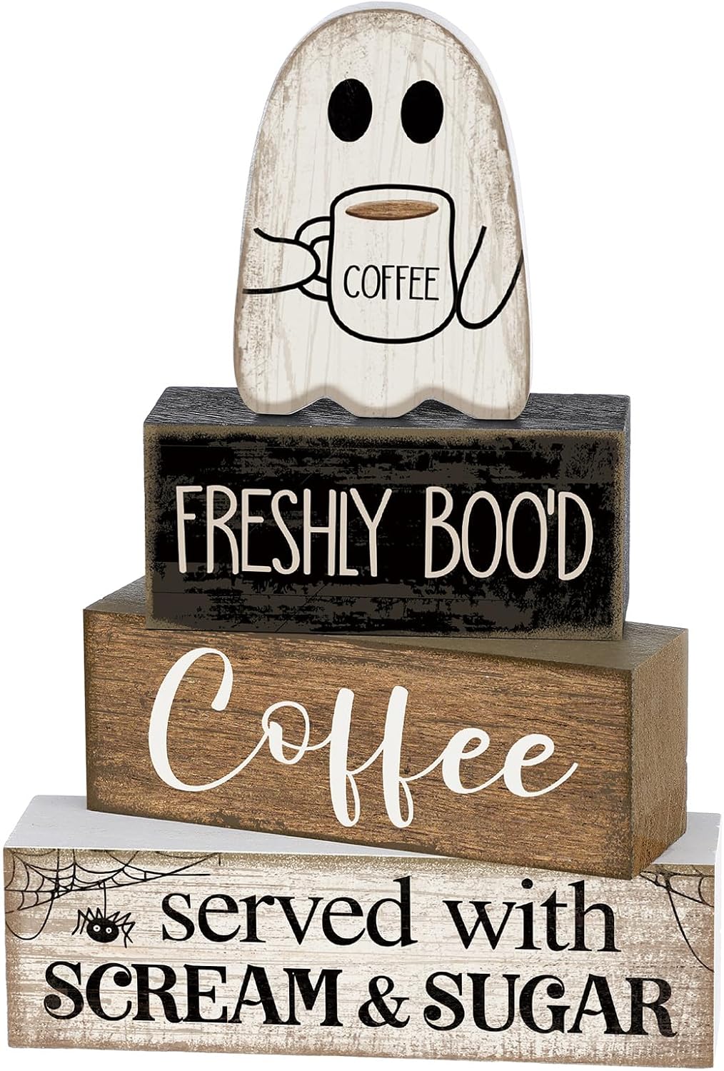Lineshading 4 Pcs Halloween Table Decor Coffee Ghost Wooden Sign Halloween Tiered Tray Decor Farmhouse Ghost Tabletop Centerpiece Decorative Coffee Bar Block Signs for Home Office Kitchen Shelf