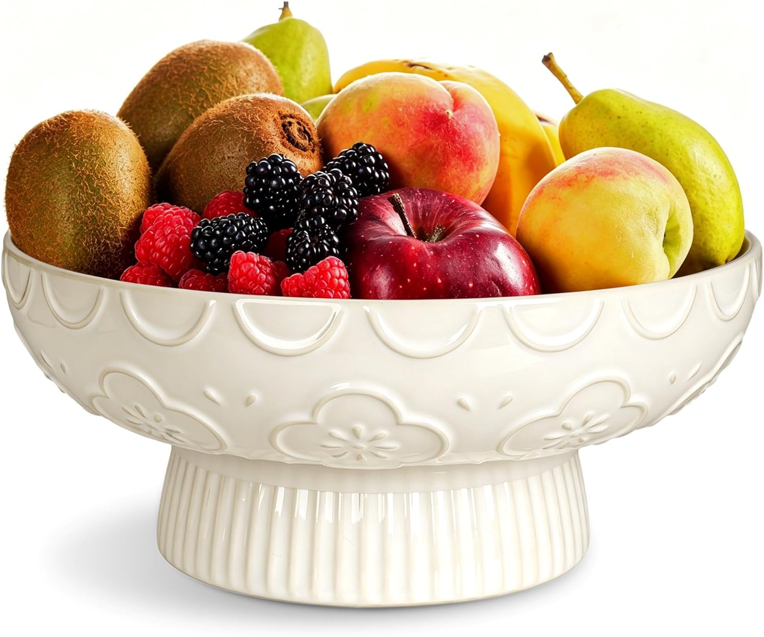Ceramic Fruit Bowl with Pedestal,11″Fruit Basket for Kitchen Counter with Drainage Hole &Detachable Base,Embossed Floral Design ,Dishwasher Safe,Large Modern Decorative Bowl for Freshness & Decor