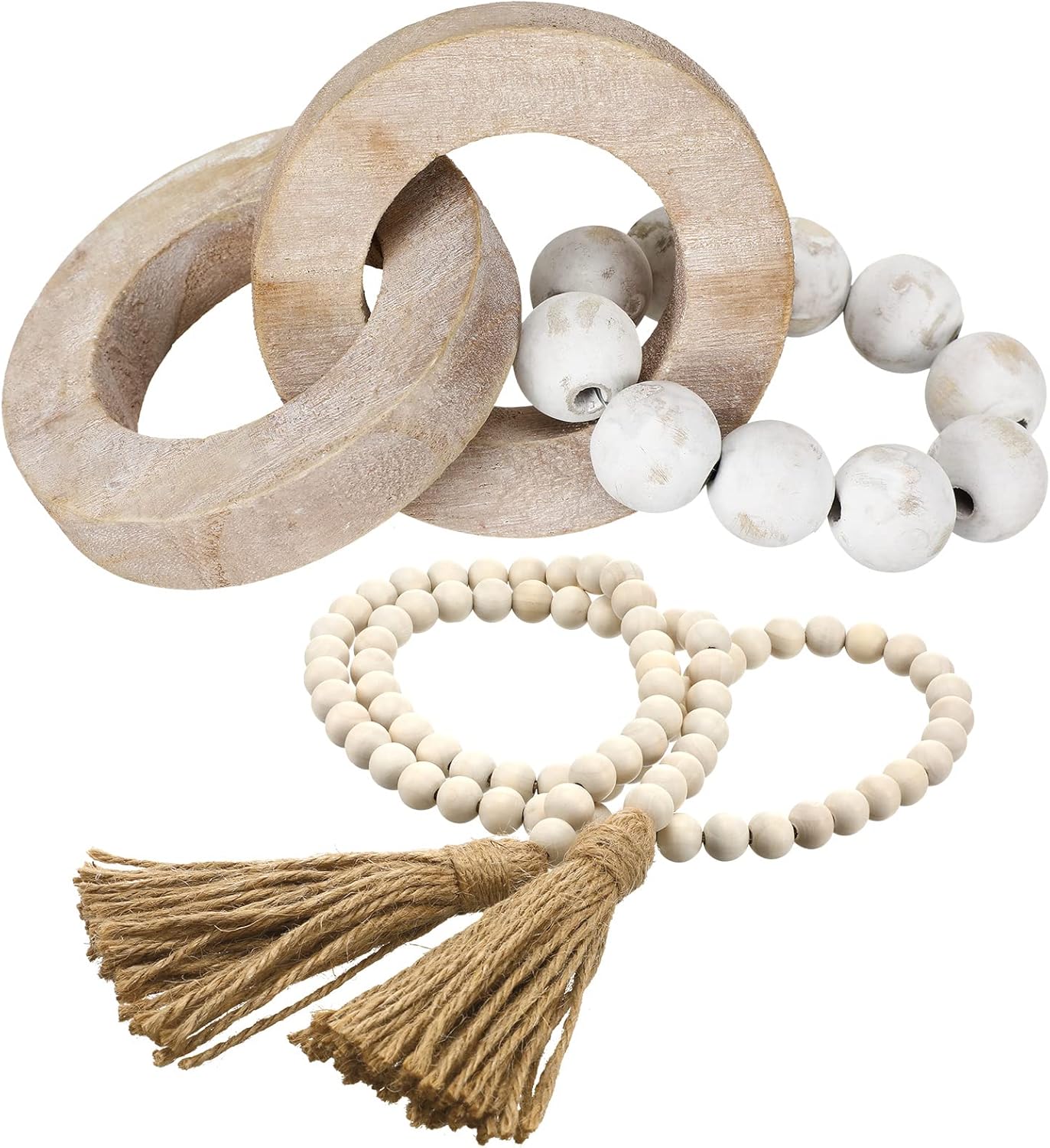 2 Pieces Decorative Wood Knot Link Chain Decor and Bead Garland Set Farmhouse Aesthetic Natural Wooden Knot Chain Link Wood Bead for Boho Country Home Table Decor(Classic Colors)