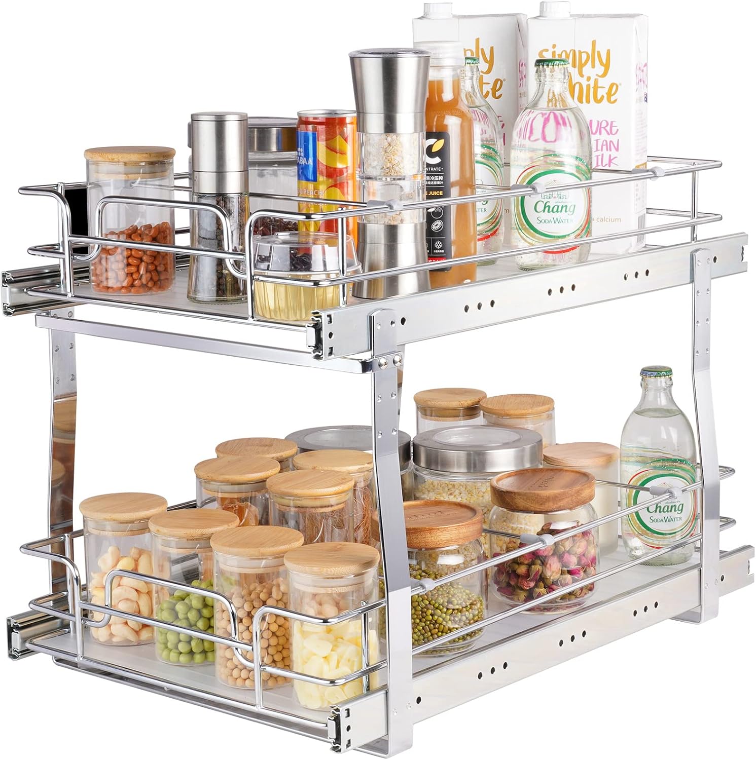 VEVOR Pull Out Cabinet Organizer, 14″ Wx21.2 Dx15.2 H Heavy 2 Tier Duty Slide Out Pantry Shelves, Chrome-Plated Steel Roll Out Drawer for Under Sink, 15.5″ Wx22.5 Dx19 H Install Size for Cabinet
