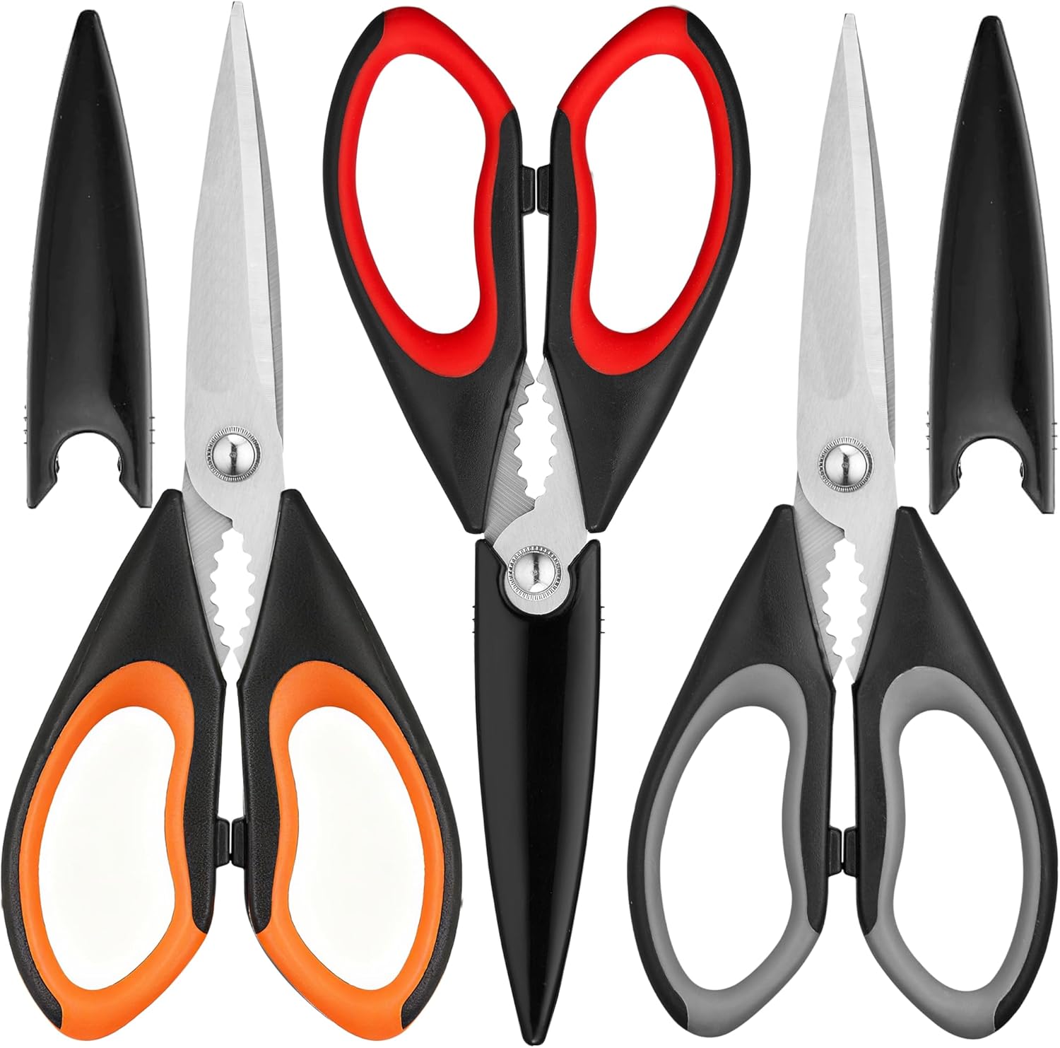 OMDAR 3 Pack Kitchen Scissors – Food Grade Kitchen Shears | All Purpose Stainless Steel Heavy Duty for Poultry Food Dishwasher Safe with Protective Sheath Comfort-Grip