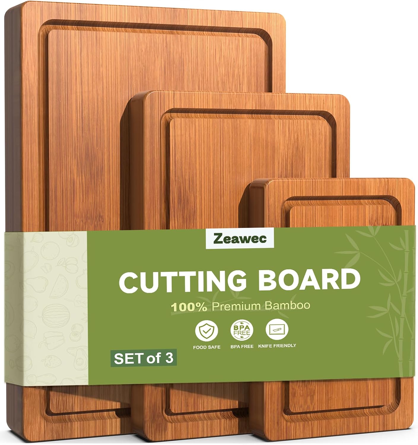 3-Piece Set Deep-Carbonized Bamboo Cutting Board for Kitchen – Crack-Resistant Wood Chopping Boards with Deep Juice Grooves, Pre-Oiled Butcher Block for Meat, Vegetables & Cheese, Carbonized