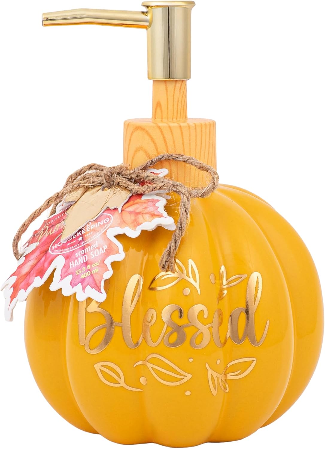 Simple Pleasures Grateful Pumpkin Spice Scented Liquid Hand Soap Dispenser – Autumn & Halloween Ceramic Novelty Decorative Refillable Hand Pump for Kitchen Countertops and Bathroom Sinks