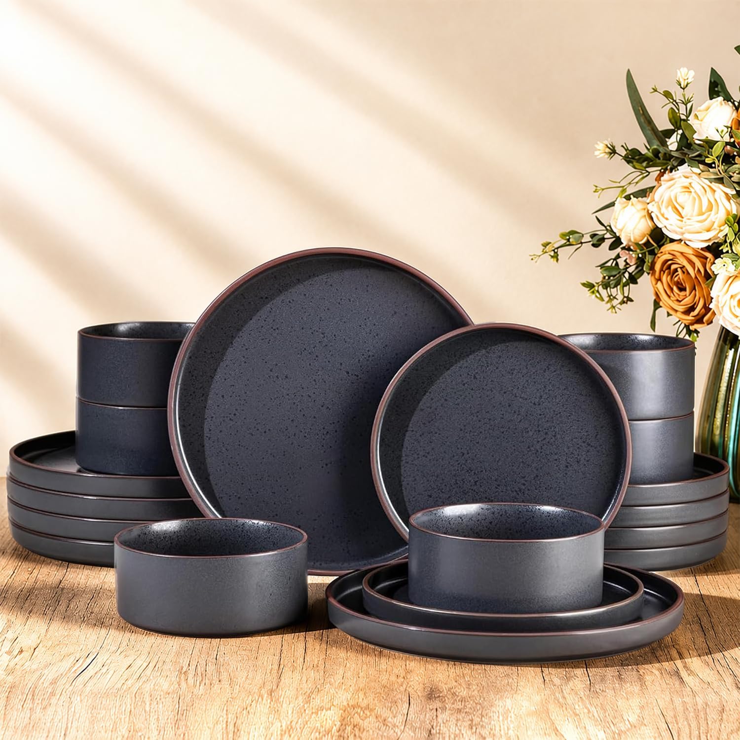 LERATIO Ceramic Dinnerware Sets for 6, High Edge Stoneware Plates and Bowls Set, Chip and Crack Resistant | Oven & Dishwasher & Microwave Safe Dishes Set, Service for 6 -Ashen