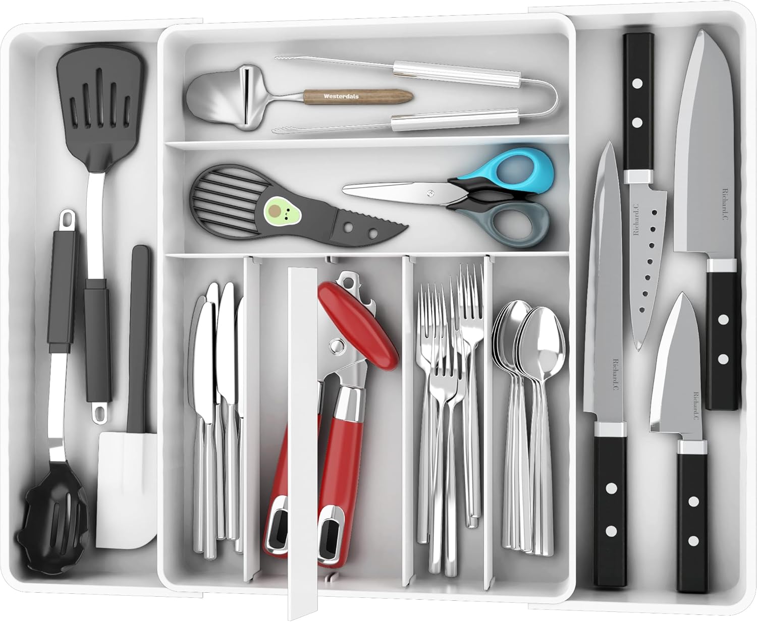 Simple Houseware Expandable & Adjustable Cutlery Drawer Organizer – Large Utensil and Flatware Tray for Kitchen Drawers, White