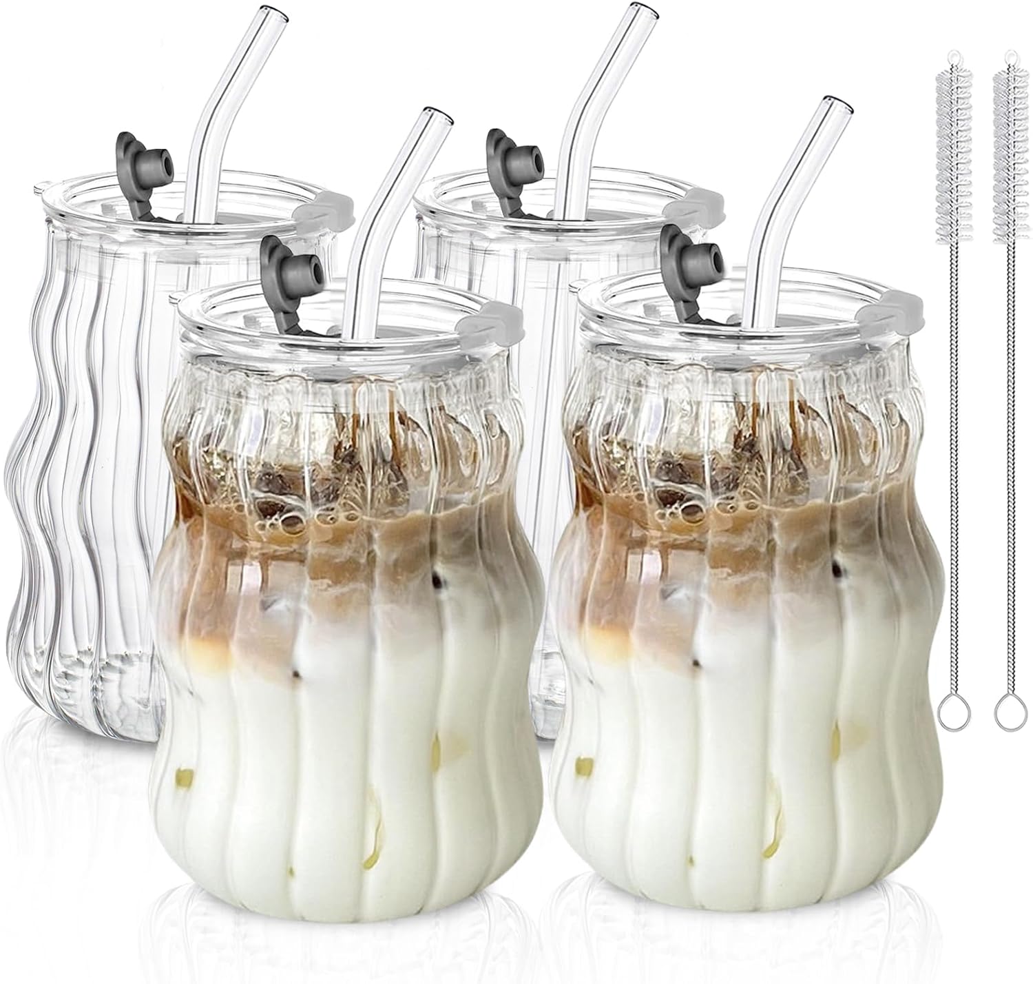 KEMORELA 4PCS Ribbed Glass Cups with Lids & Straws – 18oz Vintage Wavy Coffee Cups, Bubble Glass Aesthetic for Iced Coffee, Clear Ribbed Glasses with Straws, Ideal Drinkware Set