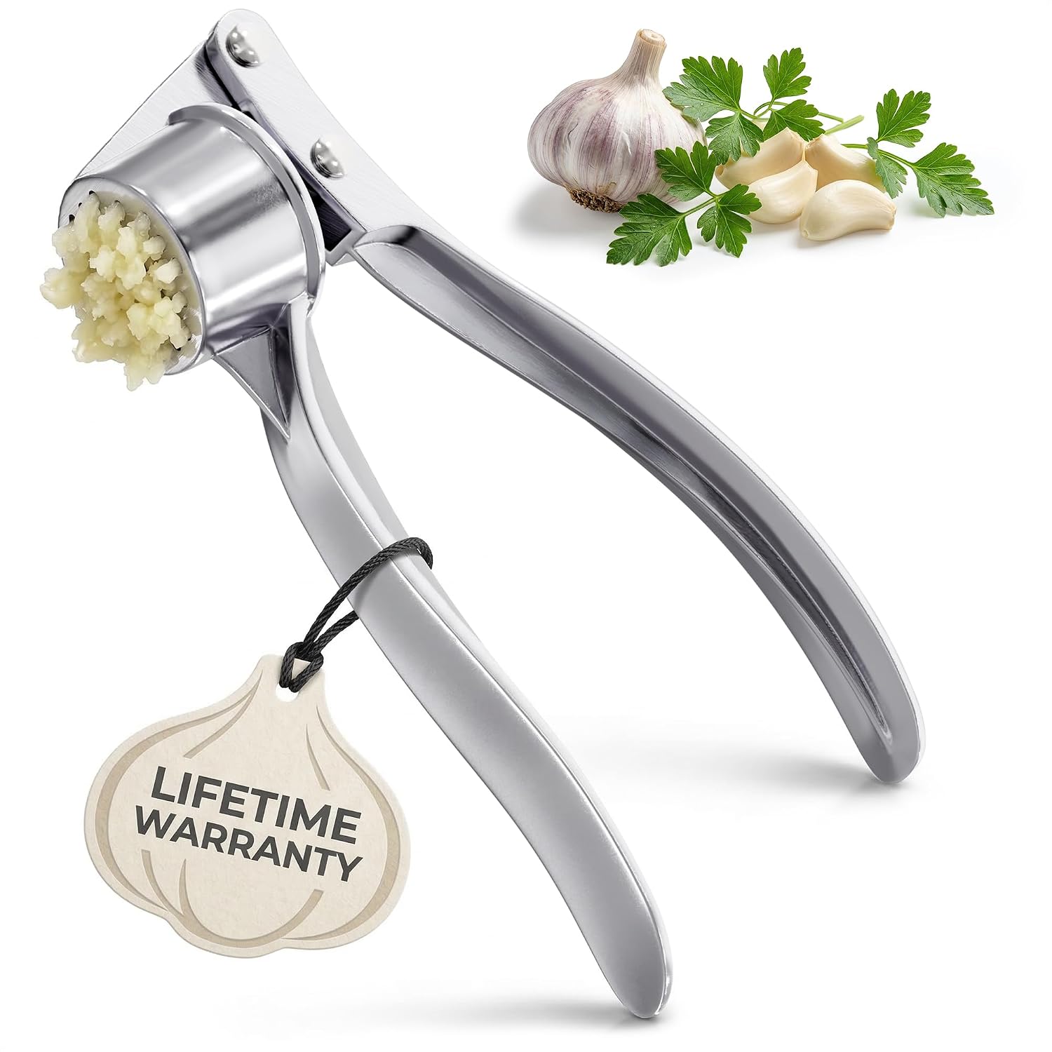 Metal Garlic Press – Ginger Mincer with 37 Built-In Studs for Maximum Extraction, Garlic Crusher for Ginger and Soft Nuts, Rust-Resistant, Ergonomic Handle, No Peel Needed, Hand Wash Only, Silver
