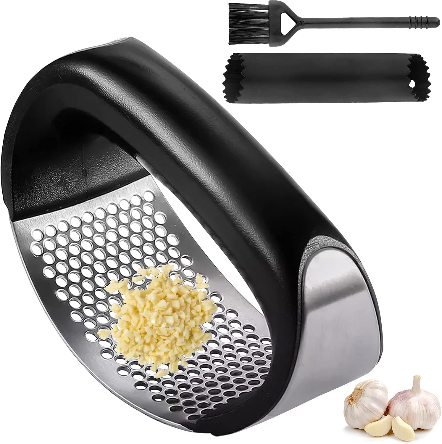 Garlic Press – Stainless Steel Rust Proof & Dishwasher Safe Garlic Twister Mincer, Durable Garlic Crusher Chopper with Peeler, Brush, Easy to Clean, Kitchen Gadgets Tool for Garlic, Ginger, Spices
