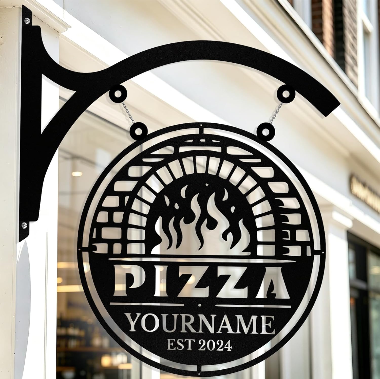 Custom Hanging Pizza Metal Sign, Personalized Exterior Wall Pizza Restaurant Signs with Hanging Bracket, Customized Pizzeria Signs Metal Wall Art Decor for Kitchen, Bar, Restaurant Opening Gift