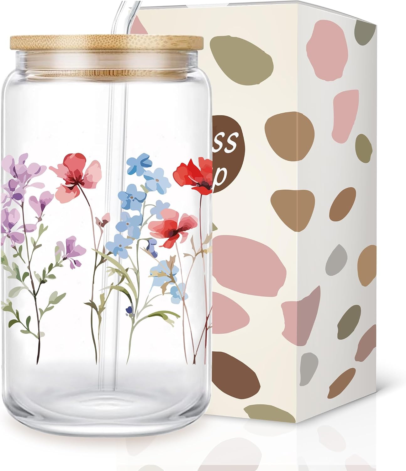 16oz Cute Floral Glass Cup with Lid and Straw, Aesthetic Iced Coffee Cup, Gift for Women, Mom, Birthday