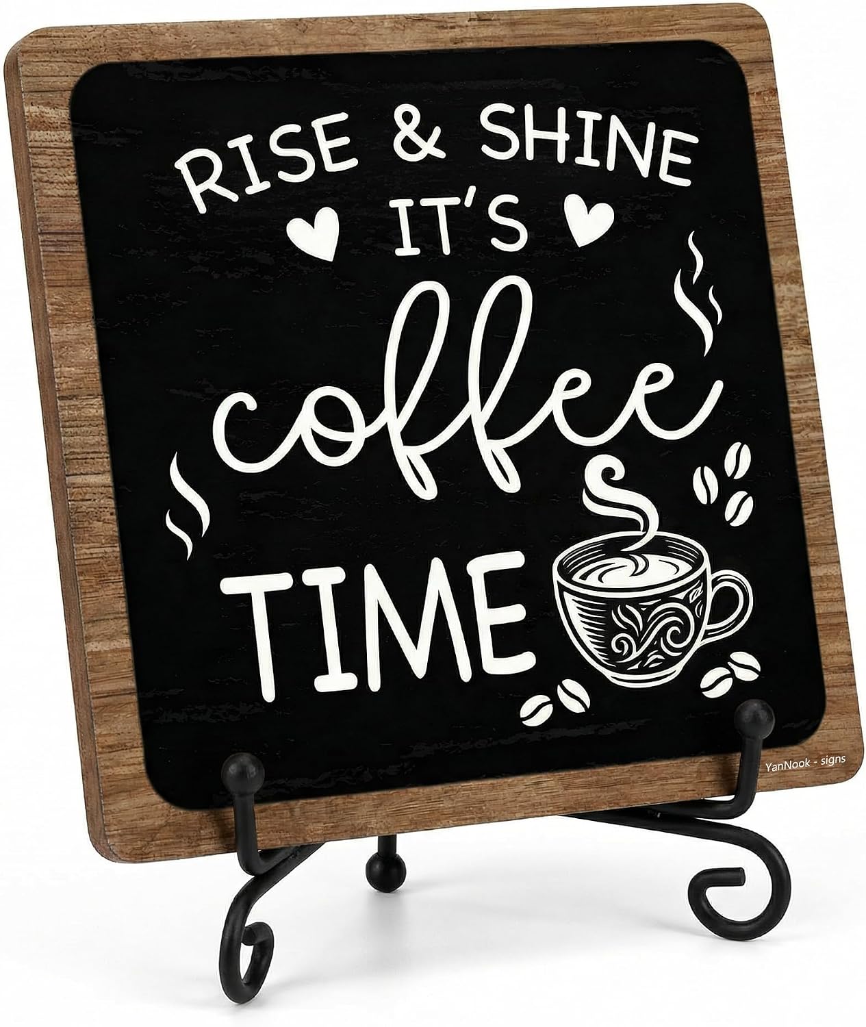 5×5 Inch Coffee Signs for Coffee Station – “Rise & Shine It’s Coffee Time” Wooden Plaque with Metal Stand, Rustic Tabletop Coffee Bar Decor for Kitchen, Home or Coffee Bar, 2605