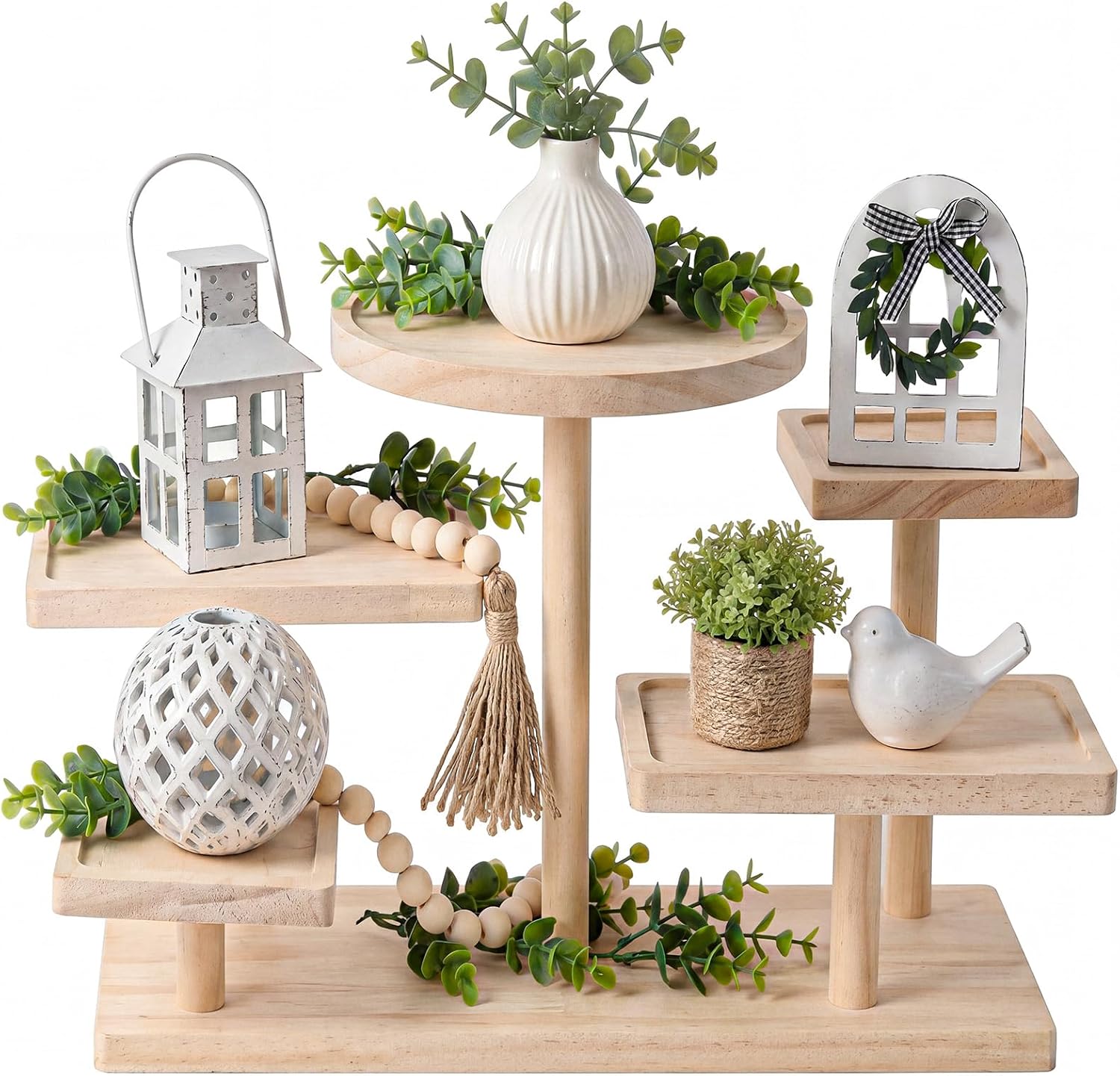 GlikCeil 5 Tiered Tray Stand Decor 5 Layer Wooden Cupcake Stand Rectangle Dessert Serving Tiered Tray Farmhouse Rustic Cake Table Display for Coffee Bar Home Kitchen Decorations (Natural Wood Color)