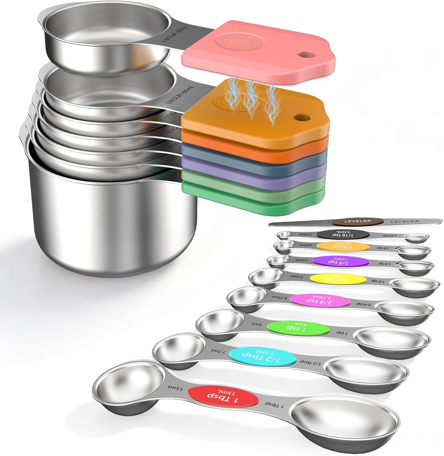 Magnetic Measuring Cups & Spoons Set, Strong N52 Magnets, Heavy Duty 304 Stainless Steel, Dual-Sided Design Fits Spice Jars, Easy-to-Read Markings, 16-Piece Set with Leveler for Baking & Cooking