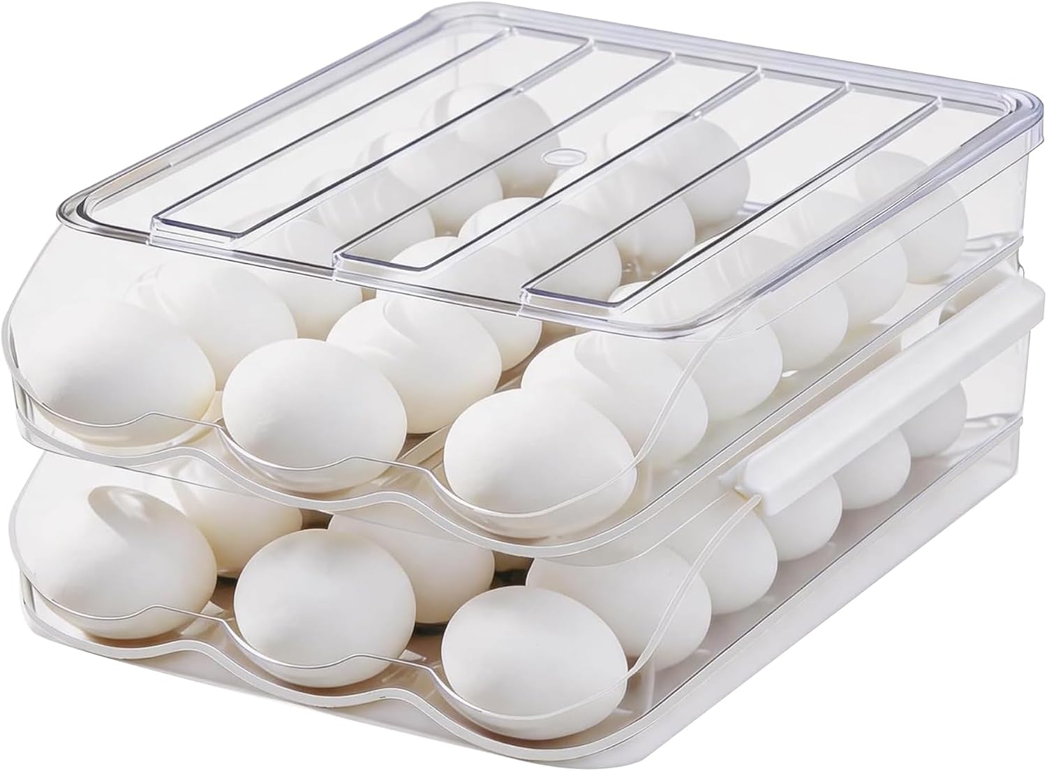 Egg Holder for Fridge, Automatic Rolling Egg Dispenser for Refrigerator with Lid, Stackable 2-Tier Egg Storage Container, Clear Food-Grade Egg Organizer for Fridge Kitchen