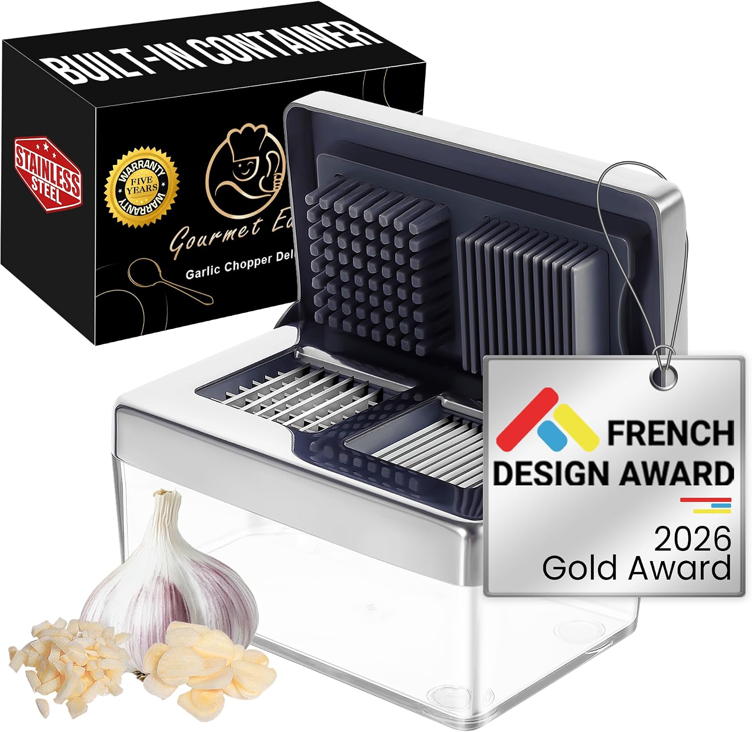 Garlic Chopper, 2-in-1 Slice + Dice, Garlic Press Stainless Steel, Fridge Friendly, Ginger Dicer Air Tight Container, Dishwasher Safe Mini Chopper, Premium Mincer with 5-Year warranty