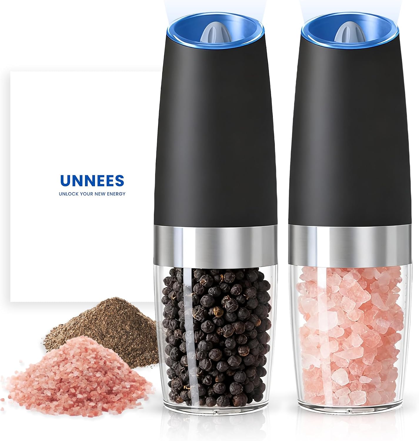 UNNEES Battery Operated Gravity Electric Salt and Pepper Grinder Set, Automatic Salt and Pepper Grinder Set, Adjustable Roughness,12 Batteries Required, LED Light, 2 Pack, (Black)