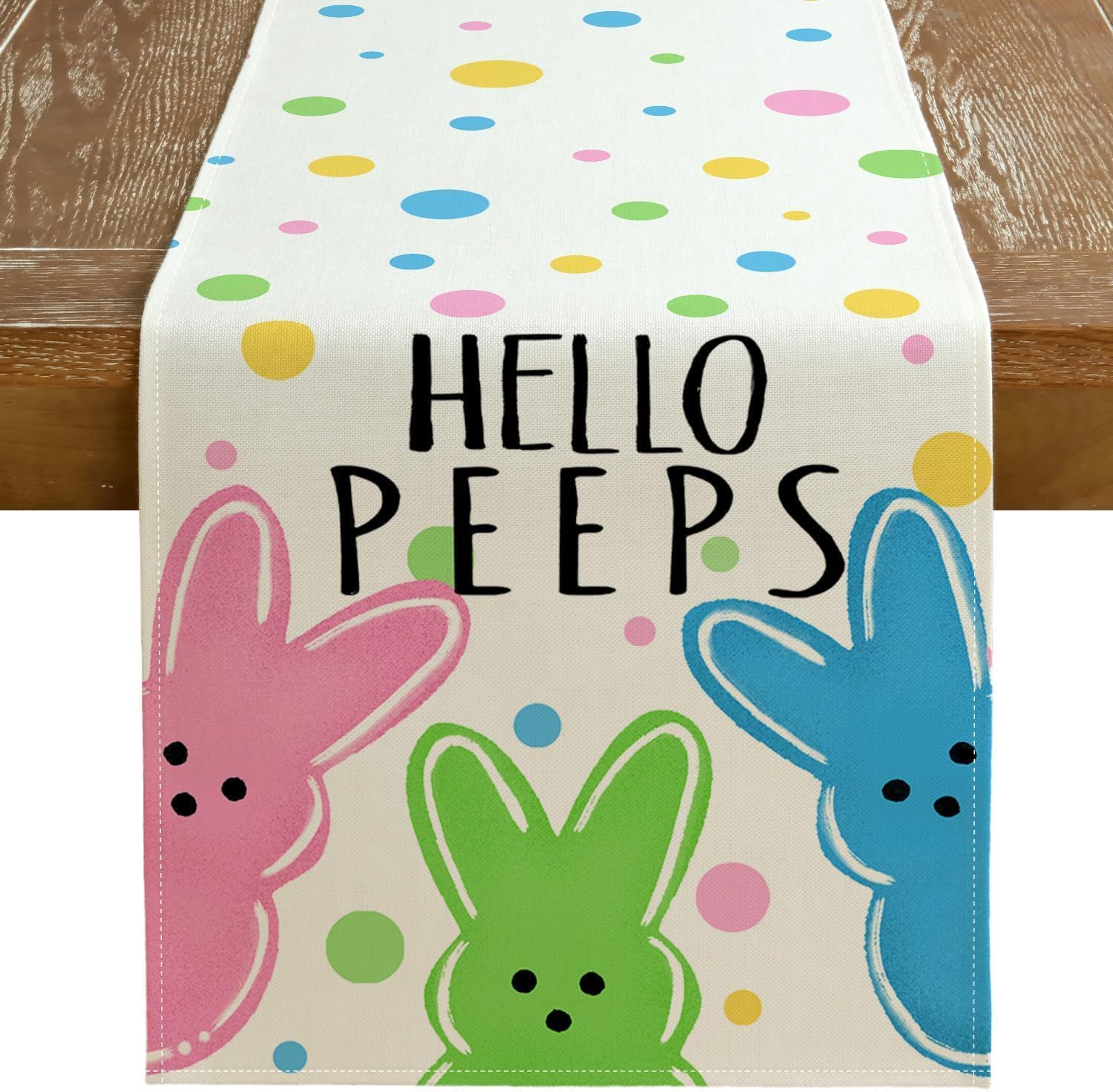GEEORY Easter Table Runner 13×72 Inch, Hello Peeps Bunny Spring Decorative Farmhouse Table Decoration for Kitchen Dinning, Indoor Outdoor Dinner Party Decor