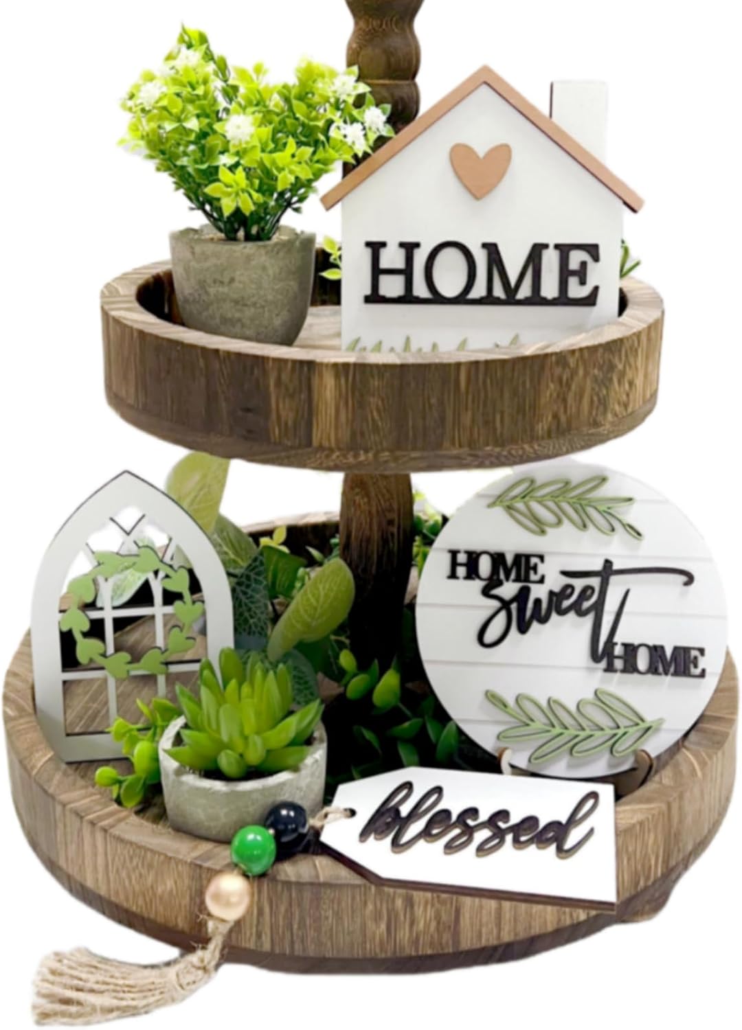 6 Pieces Farmhouse Tiered Tray Decor Beautiful Sweet Home Wood Sign Artificial Plant Rustic Tray Decorations Centerpiece Set for Home & Kitchen Decor(Tiered Tray NOT Included)