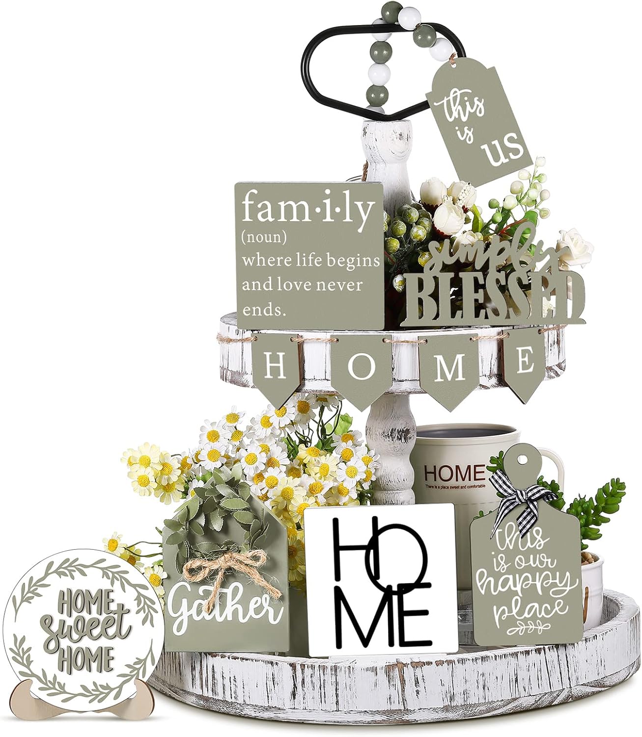 FairySandy 11 Pcs Home Tiered Tray Decor Spring Rustic Farmhouse Tiered Tray Decorations Set Sage Green Wooden Home Sign Vintage Farm Animal Farmhouse Tabletop Wood Sign for Kitchen Table Shelf Decor