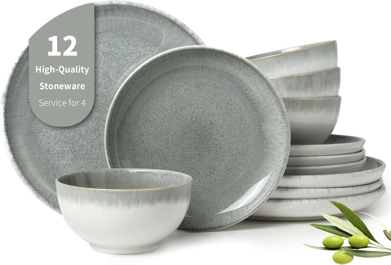 Pokini Gradient Green Stoneware Dinnerware Sets, 12 pcs Reactive Glaze Plates and Bowls Sets, Handmade Ceramic Round Dishes Set for 4, Highly Chip and Crack Resistant Modern Plate Set