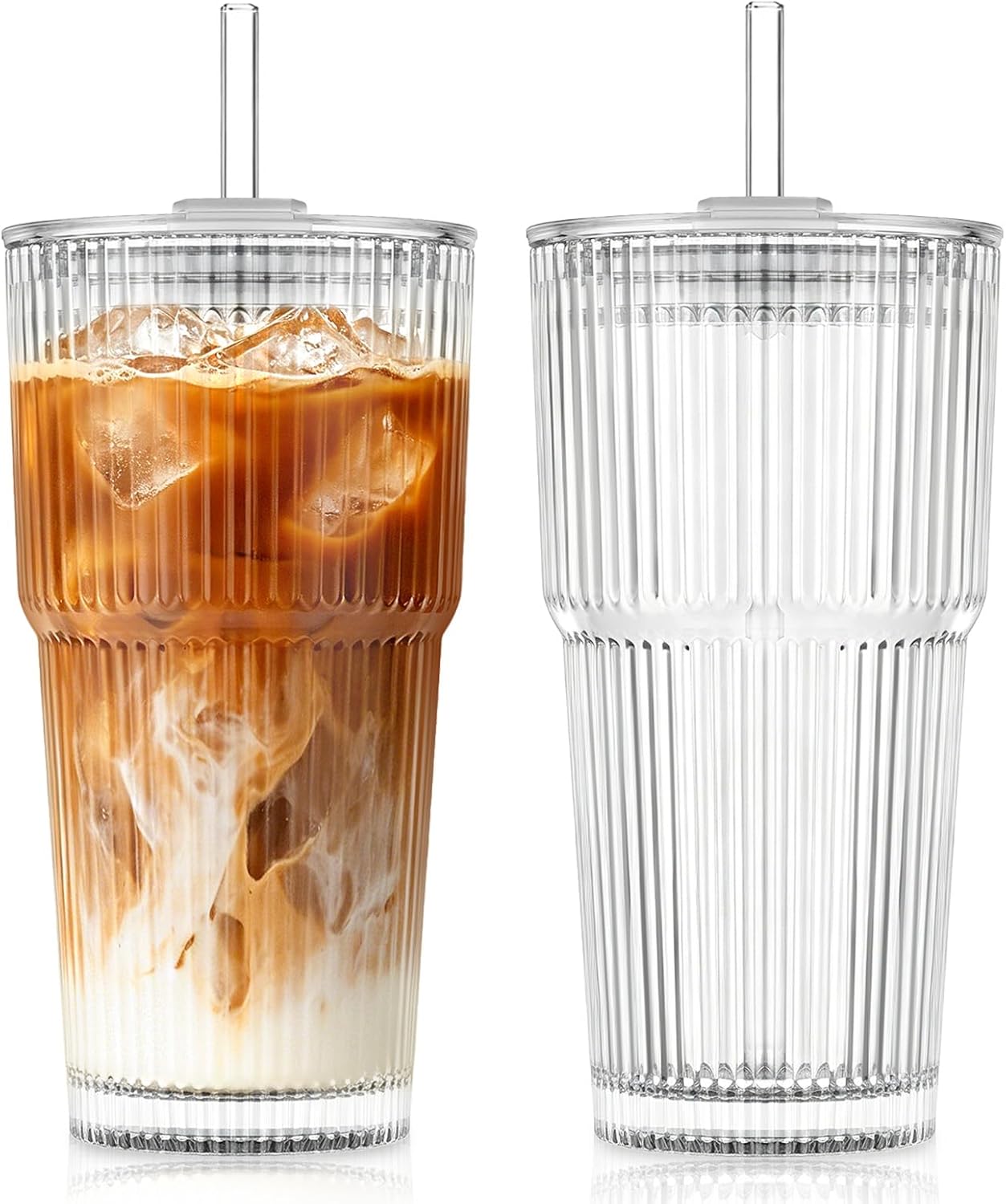 KEMORELA 2-Pack 20 oz Ribbed Glass Tumblers with Lids and Glass Straws – Vintage Iced Coffee Cups, Reusable Smoothie & Cocktail Drinking Glasses, Clear Glassware for Home or Cafe