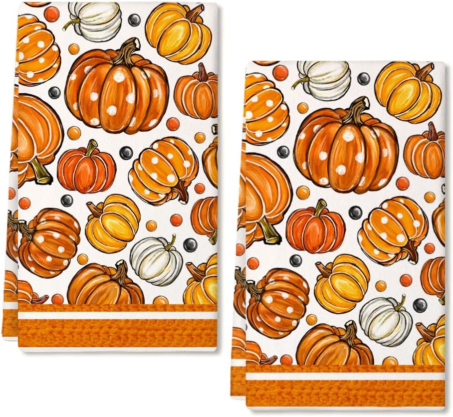 ARKENY Orange Pumpkin Fall Kitchen Towels Set of 2,Autumn Dish Towels 18×26 Inch Drying Dishcloth,Thanksgiving Farmhouse Home Decorations AD388