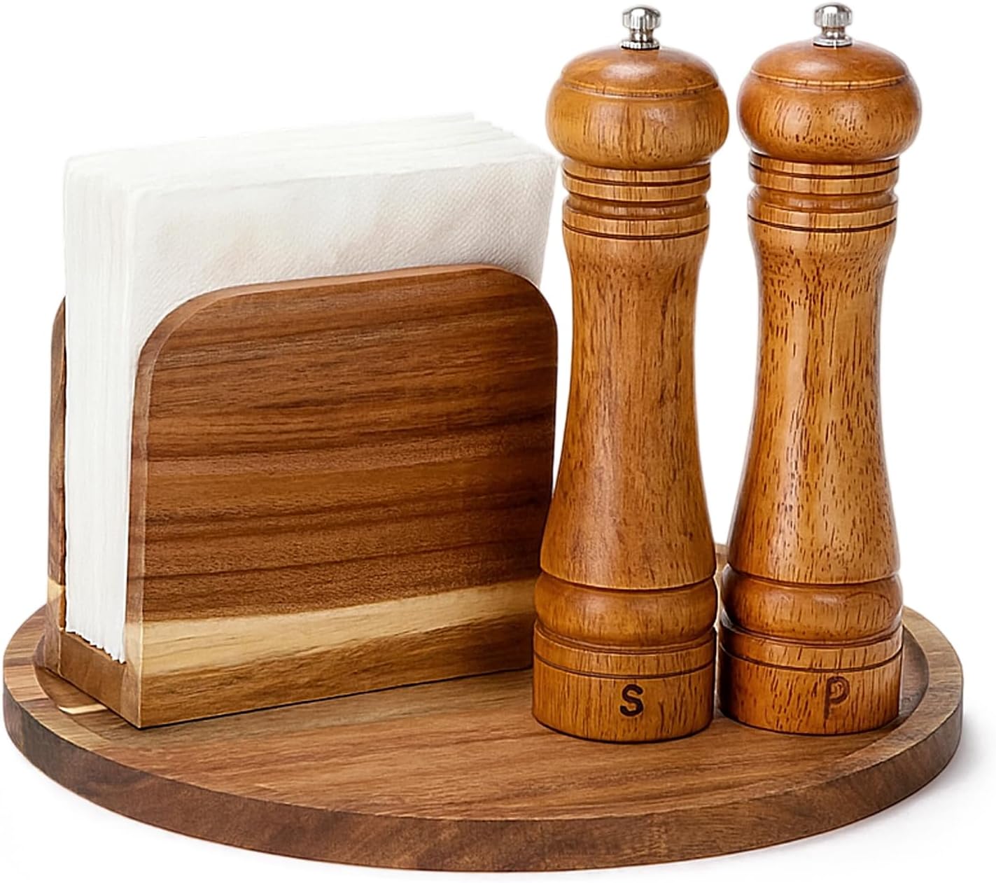 4 Pcs Rustic Farmhouse Decor Set Acacia Wooden Napkin Holder Salt and Pepper Shakers and 12″ Round Wood Tray Spice Rack Table Tray for Kitchen Countertop Dining Table Centerpieces(Brown)