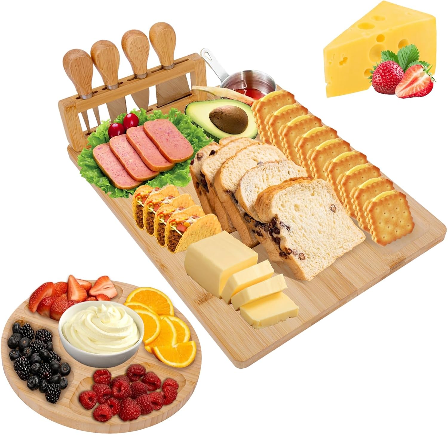 TURIMON Bamboo Charcuterie Board Set – Cheese Serving Platter with 4 Stainless Steel Knives and Fruit Tray – Elegant Cheese Board for Parties, Weddings, and Home Entertaining