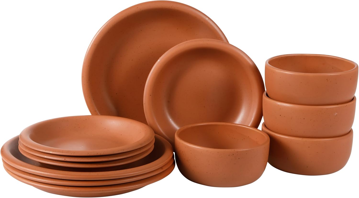 Bloomhouse – Two Time Oprah’s Favorite Things Winner – Corsica Clay 12-Piece Stoneware Rustic Reactive Glaze Dinnerware Set – Stackable Plates Bowls Set Service for 4 – Matte Burnt Apricot Terracotta