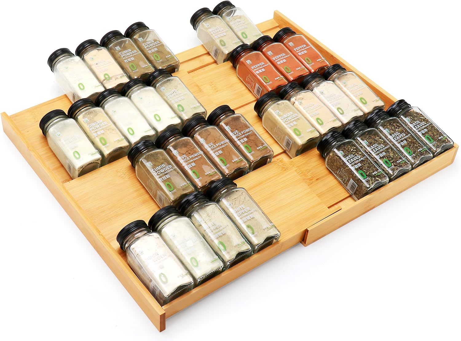 Bamboo Spice Drawer Organizer, (Need 3.1” Deep Drawer) Expandable 4 Tier Spice Rack for Cabinet (From 12″ to 23″ Wide), Seasoning Storage Insert, Spice Organizer for Drawer,Jars Not Included