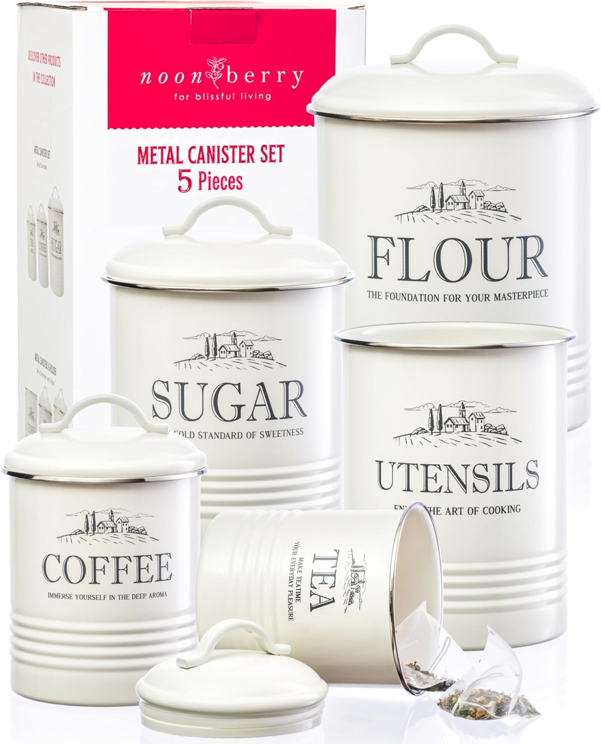 noonberry 5-Piece Farmhouse Kitchen Canister Sets for Kitchen Counter | Flour, sugar, coffee, tea, airtight kitchen canisters for countertop plus utensil holder, metal, gift-ready, Cream-White