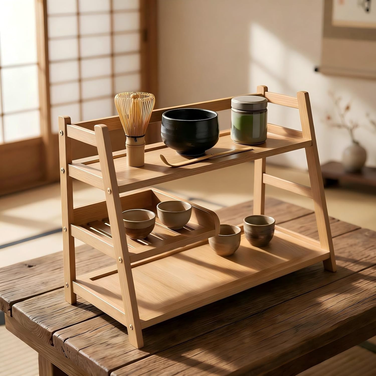 3 Tier Bamboo Matcha Station, coffee station organizer Shelf for Kitchen Countertop, Tea Bar – Matcha Powder, Tools & Cup Organizer for Matcha Lovers, Home Baristas.