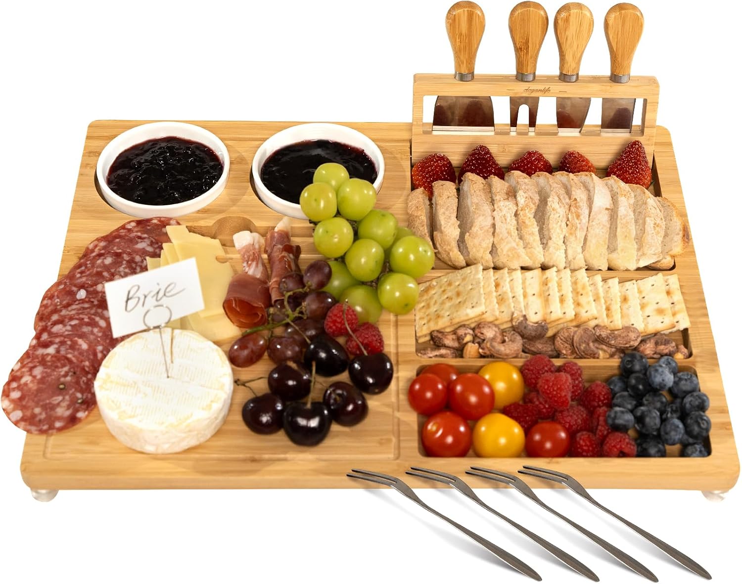 eleganlife Charcuterie Boards Set with Knives, Bamboo Cheese Board Large, Charcuterie Platters with Compartments, Serving Boards Gifts for Wedding, Birthday and Housewarming Party