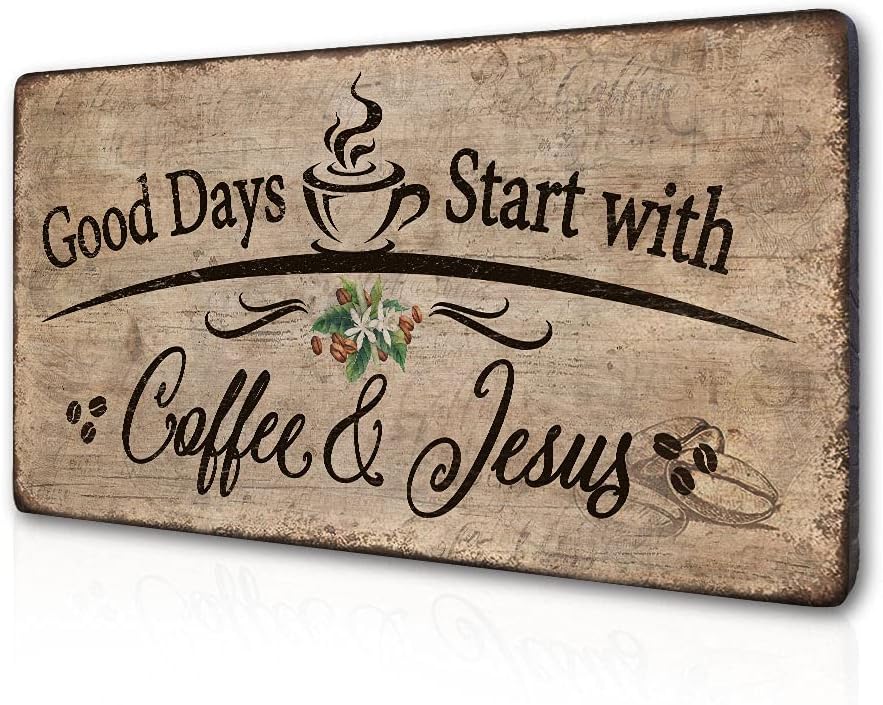 Rustic Wood Plaque Sign,Good Days Start with Coffee and Jesus Wall Decor, Farmhouse Coffee Bar Accessories & Kitchen Wall Art, Christian Gifts for Women Coffee Lovers,Ready to Hang16*8 In