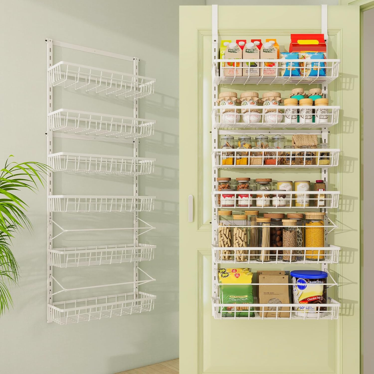 Mefirt Over The Door Pantry Organizer, Wall Mount Spice Rack, Pantry Hanging Storage and Organization, 6 Adjustable Baskets Heavy-Duty Metal for Home & Kitchen, Back of Door Seasoning Rack – White
