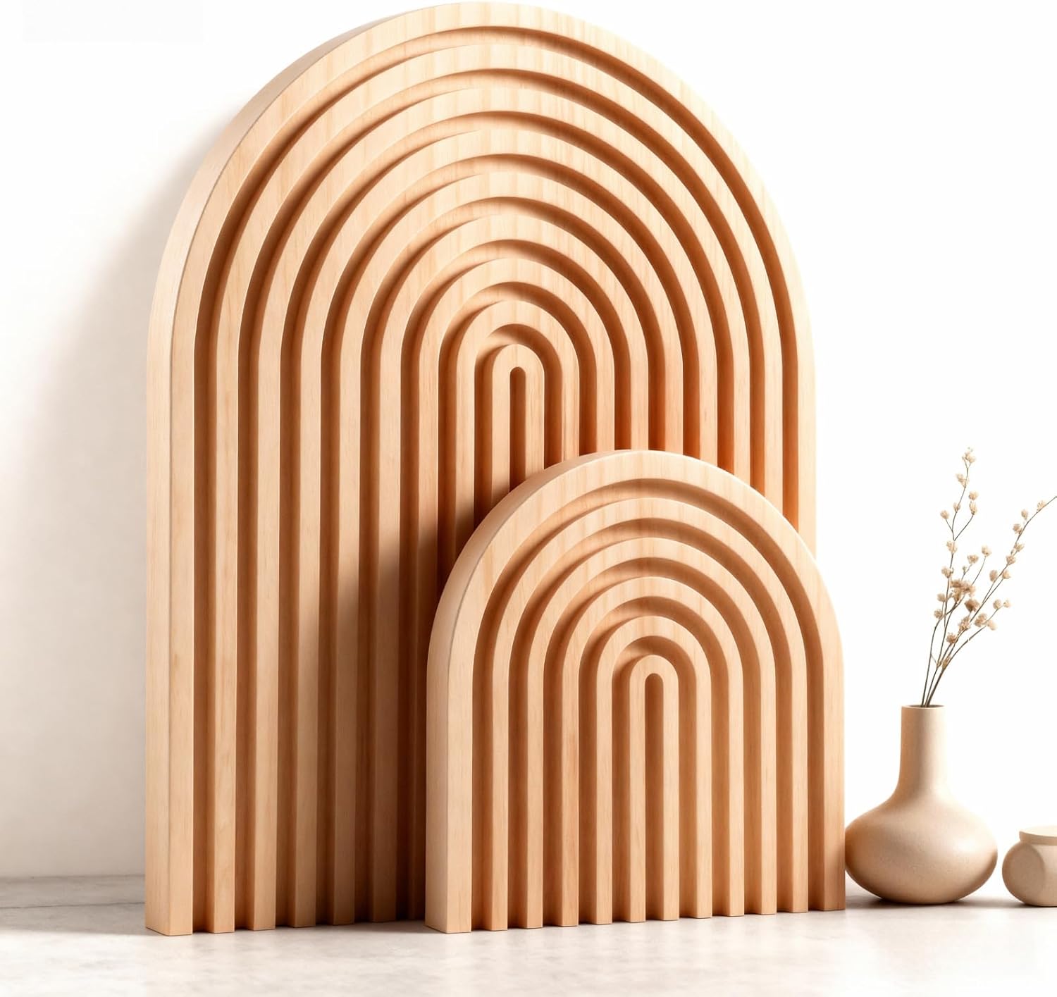2 Pcs Natural Wood Arch Decor, Boho Shelf & Serving Board for Fireplace Mantel, Kitchen Counter – Light Pine Finish, Scandinavian & Japandi Style Aesthetic Accents for Living Room, Home Office