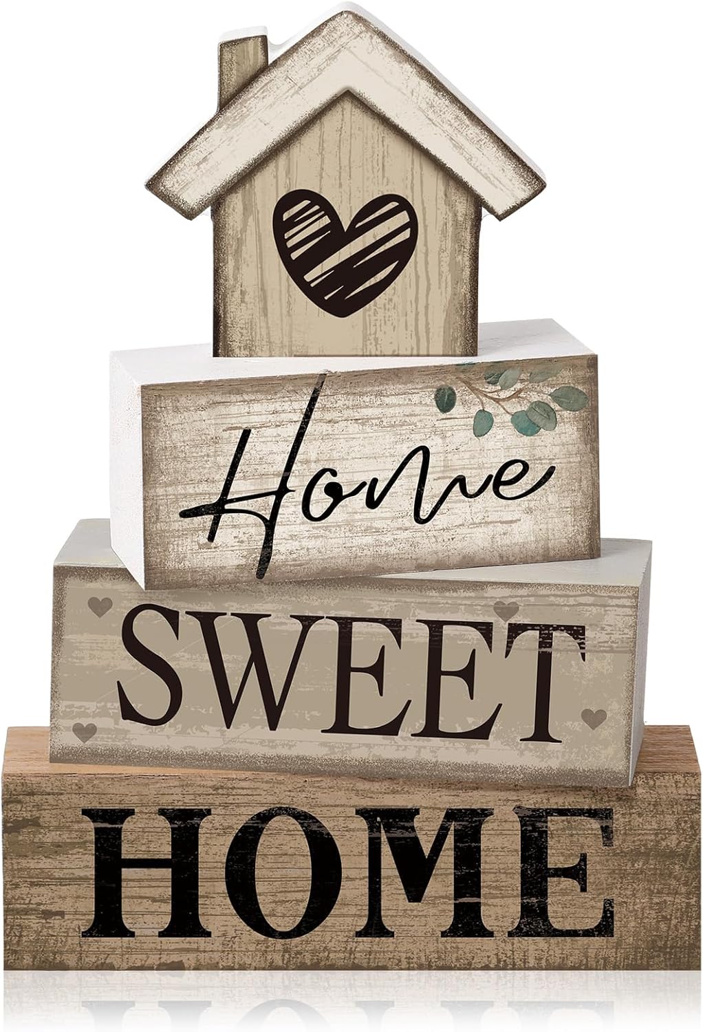 Moucuny 4 Pcs Wooden Farmhouse Tabletop Decor Rustic Home Tiered Tray Decor Decorative Highland Cow Home Eucalyptus Block Signs Gift Farmhouse Table Decoration for Kitchen Shelf(House)