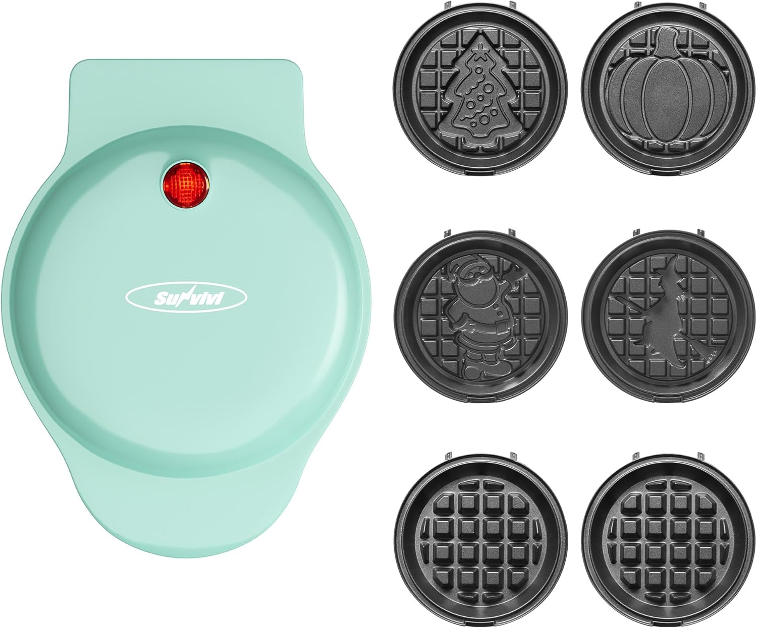 Sunvivi 4″ Mini Waffle Maker: 6 in 1 Waffle Iron with 6PC Nonstick Removable Plates Set (Santa Claus, Christmas Tree, Witch & Pumpkin), Perfect Mini Waffle Maker for Kids and Families, Light Blue