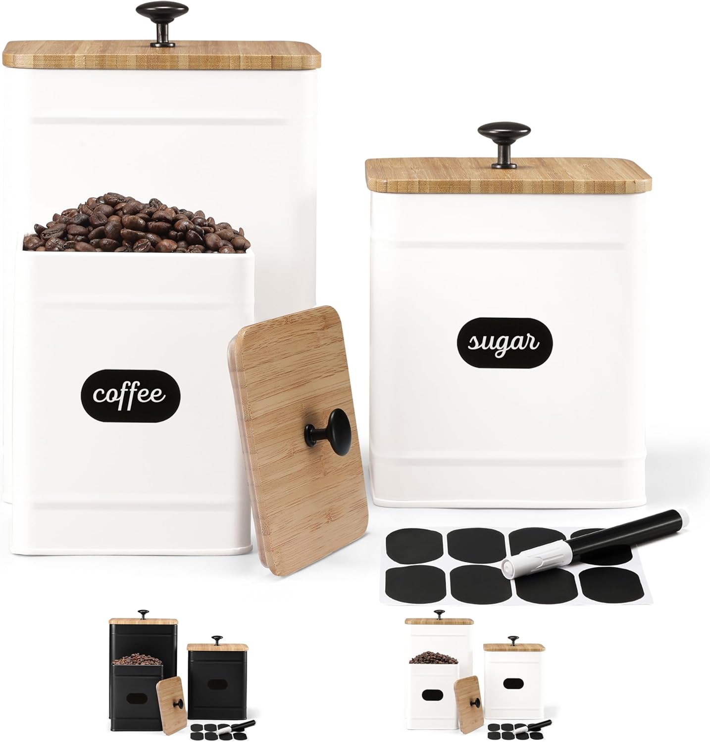 PERFNIQUE Kitchen Canisters for Countertop Set of 3, Airtight Canisters Sets for the Kitchen Counter with Lid, Metal Farmhouse Food Storage Containers Jars for Flour Sugar Coffee Tea Spice (White)