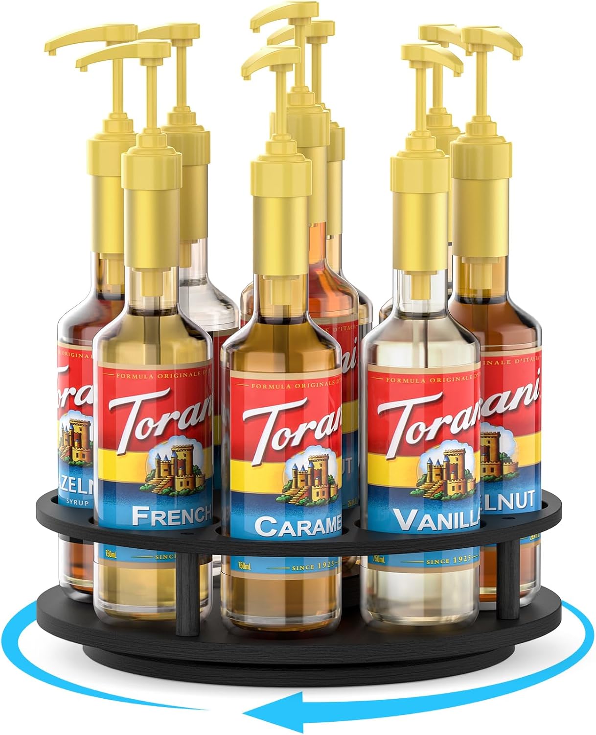 THYGIFTREE Rotating Coffee Syrup Organizer for Countertop, 9-Bottle Wooden Syrup Rack & Bottle Holder for Coffee Bar Station, Turntable Display Stand, Black