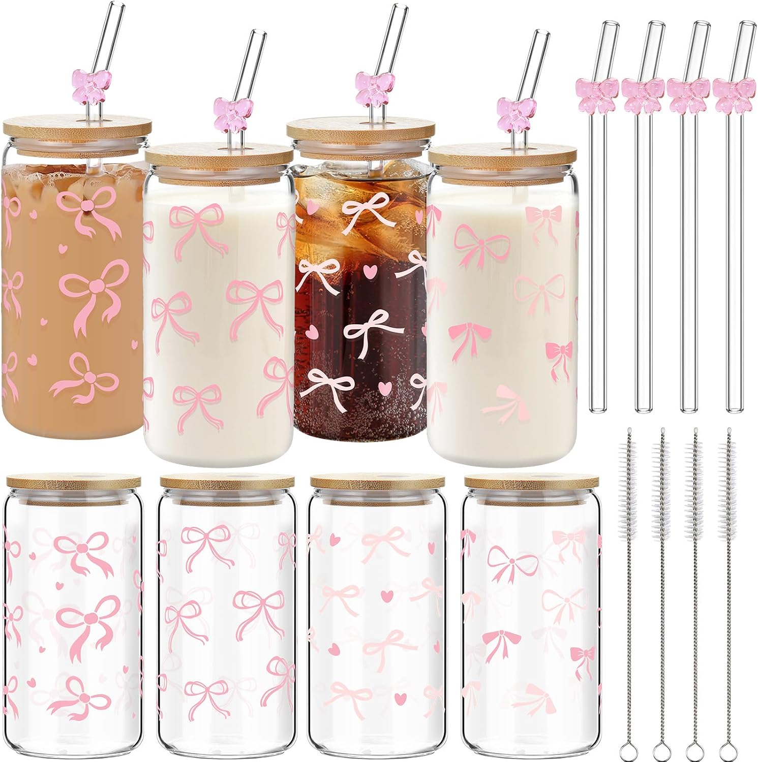 4 Set 16 oz Coquette Bows Glass Cups with Lids and Bows Straws Cleaning Brushes Aesthetic Iced Coffee Cup Reusable Mug for Women Sister Birthday Gift Not Dishwasher Safe(Pink,Bow)