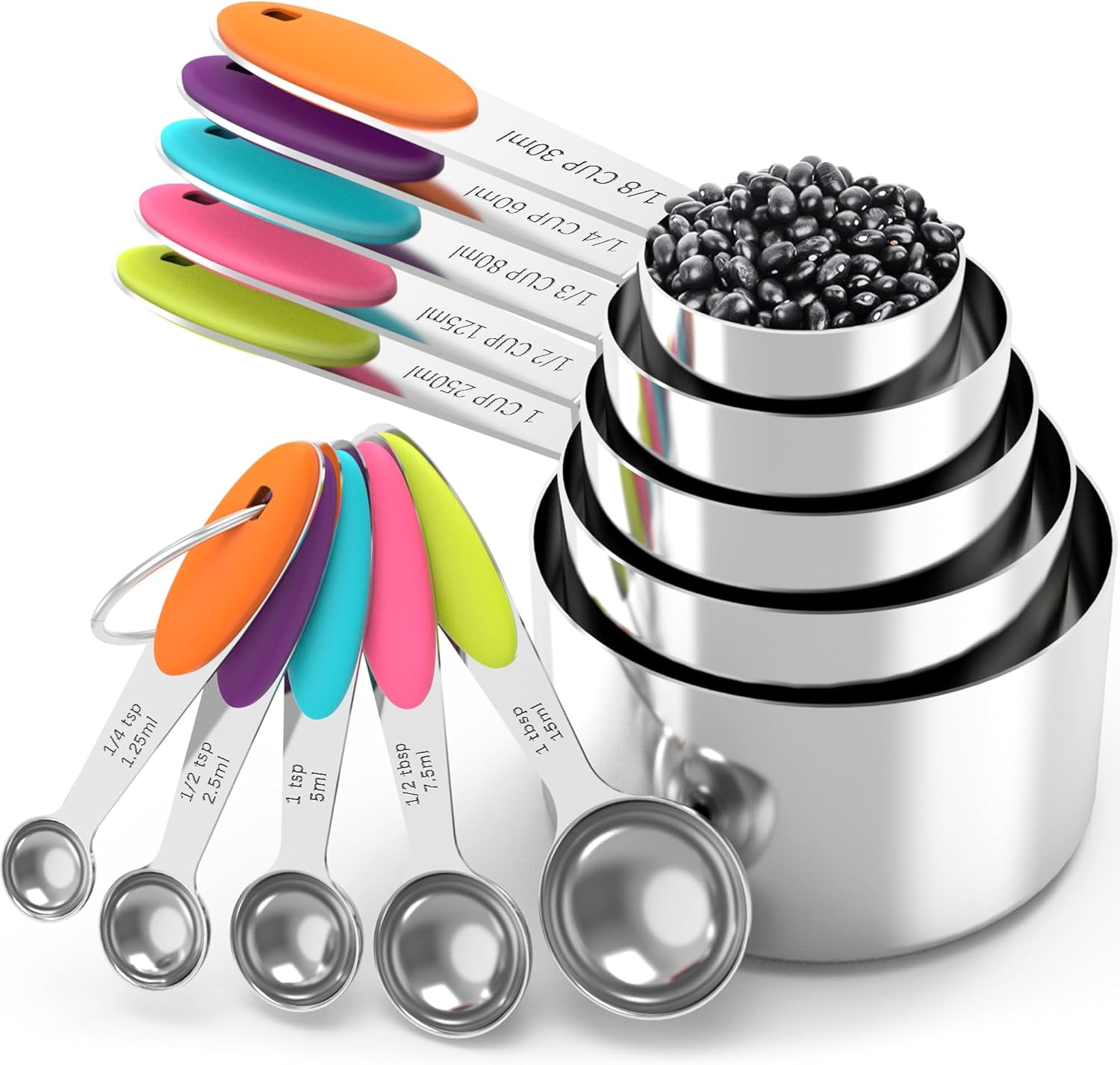 TILUCK Nesting Measuring Cups and Spoons Set, Stainless Steel with Soft Silicone Handle – Heavy Duty & Dishwasher Safe for Measuring Dry/Liquid Ingredients, Ideal for Cooking & Baking (10)
