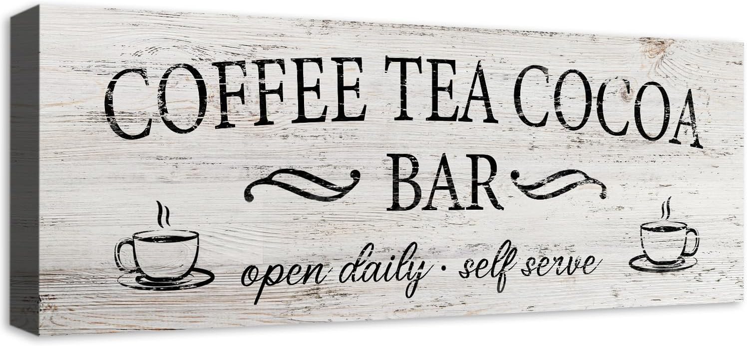 Coffee Tea Cocoa Bar Sign Decor Farmhouse Wall Plaque with Wood Grain Retro Cafe Canvas Prints for Bar Decor Open Daily Self Serve Kitchen Cafe Pub Nook Decoration Accessories 6″x17″