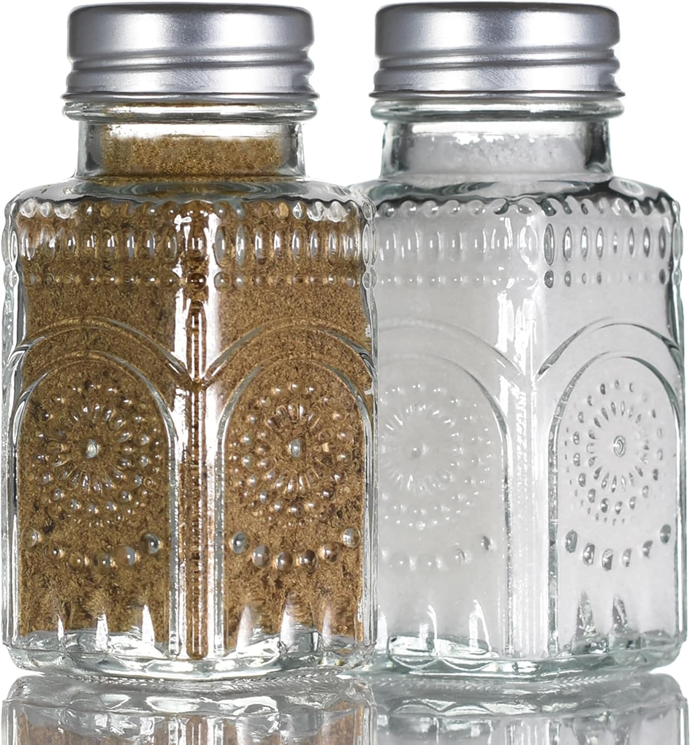 2 Pack Glass Salt and Pepper Shakers with 304 Stainless Steel Lid, Vintage Spice Shakers for Dining Room Table, Kitchen, Restaurant (Sunflower Style)