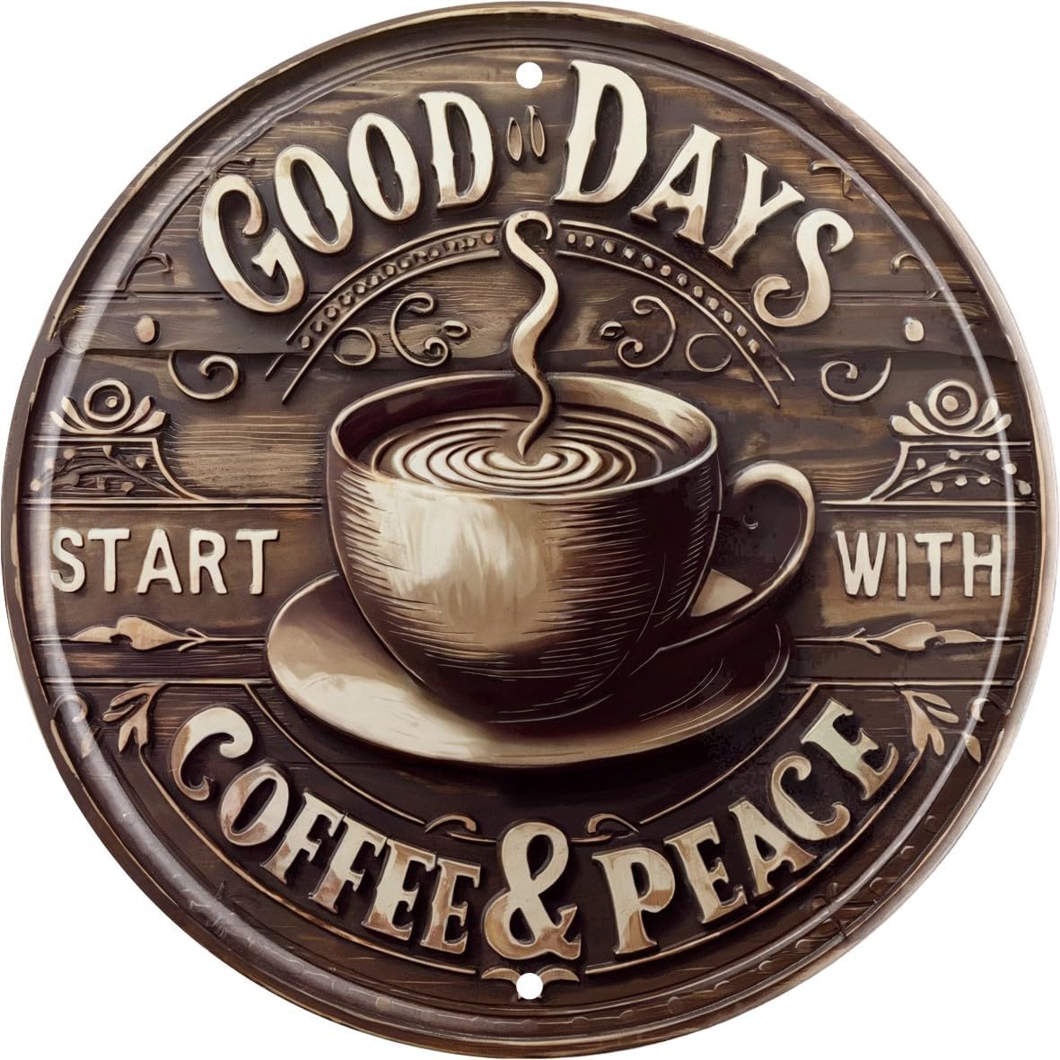 Vintage Coffee & Peace Round Wooden Sign for Kitchen Home Office Cafe or Outdoor Decor Rustic Wall Art 8×8 In