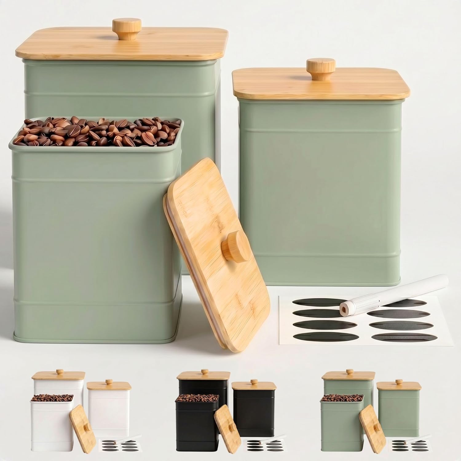 Kitchen Canisters for Countertop Set of 3 with Customizable Chalkboard Labels & Marker Pen – Big Iron Kitchen Canisters with Airtight Lids – Sage Green Canister Set – Flour and Sugar Containers