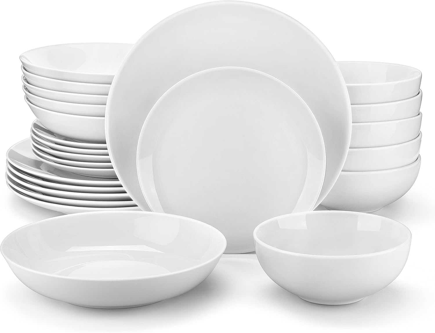 MALACASA 24-Piece Gourmet Porcelain Dinnerware Sets, Modern White Round Dish Set for 6 – Premium Serving Plates and Bowls Sets for Dessert, Salad, Soup, Pasta – Series AMELIA