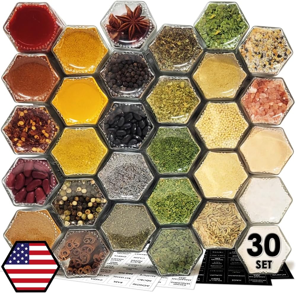 30 Set Magnetic Spice Jars for Refrigerator Hexagon Glass Spice Jars with Magnetic Lids, Shaker, Spice Labels, Magnetic Glass Spice Containers for RV Travel Trailer Kitchen Fridge Cabinet Wall mount